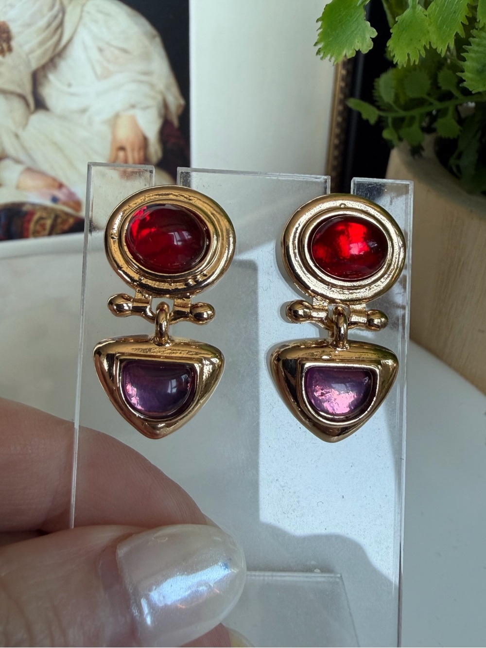 Gripoix Style Fashion Earrings in Red/Purple